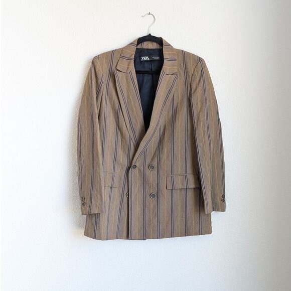 Zara Jackets & Blazers - NWOT Zara Brown Striped Oversized Double-breasted Blazer, size S
